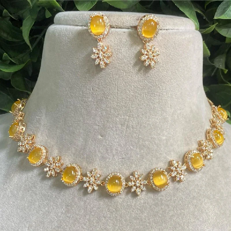 Round Gemstone Necklace-Royal Kundan Jewellery Gold Plated American Diamonds Necklace Set