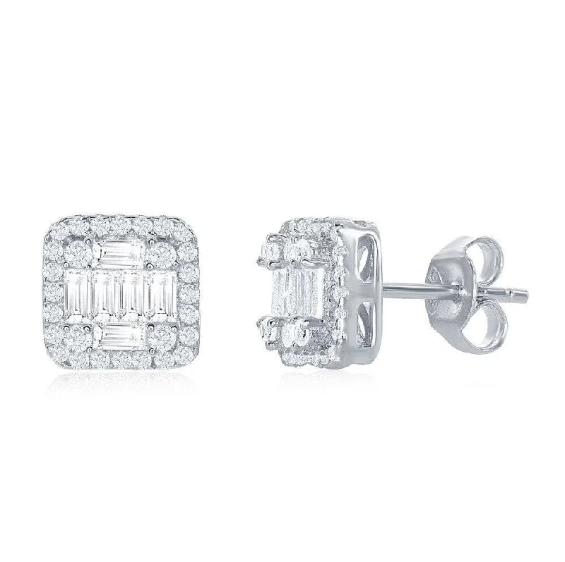 Customizable Hoop Earrings-Sterling Silver Square Baguette CZ Stud Earrings