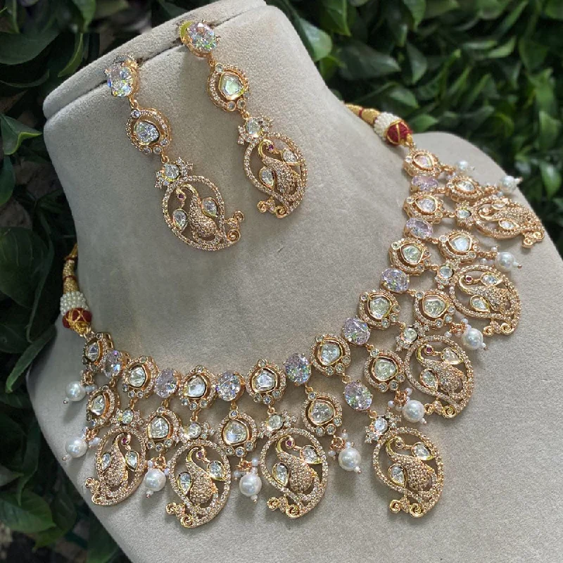 Long Statement Necklace-Royal Kundan Jewellery Gold Plated Polki Kundan And Pearls Necklace Set