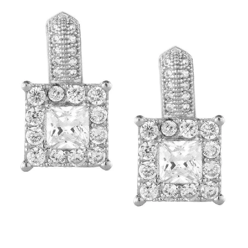 Tiny Stud Earrings-Sterling Silver Micro Pave Square Earrings