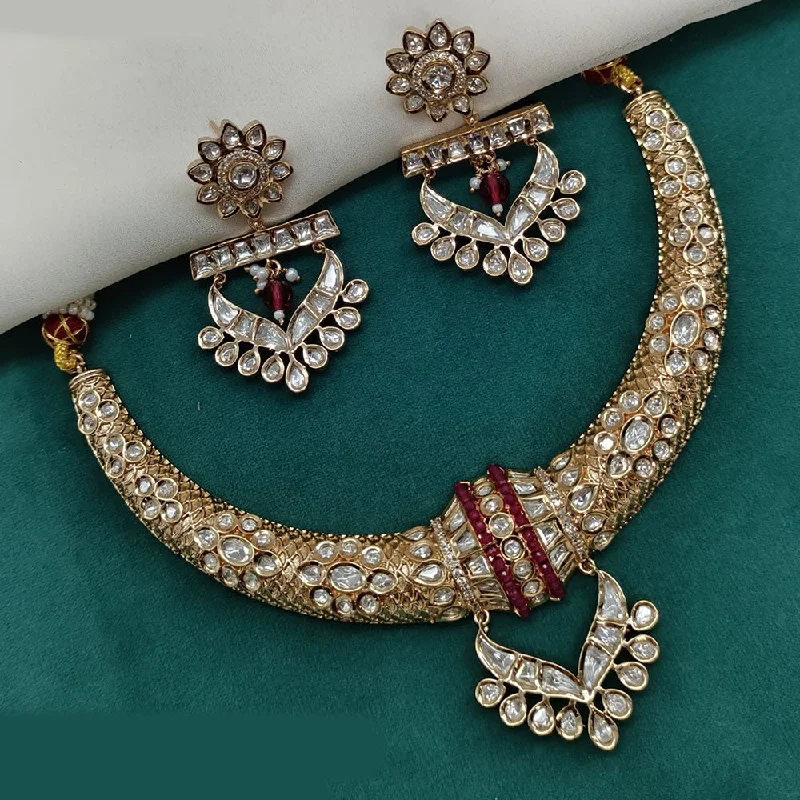 Gold Necklace with Gemstones-Royal Kundan Jewellery Gold Plated Polki Kundan Necklace Set