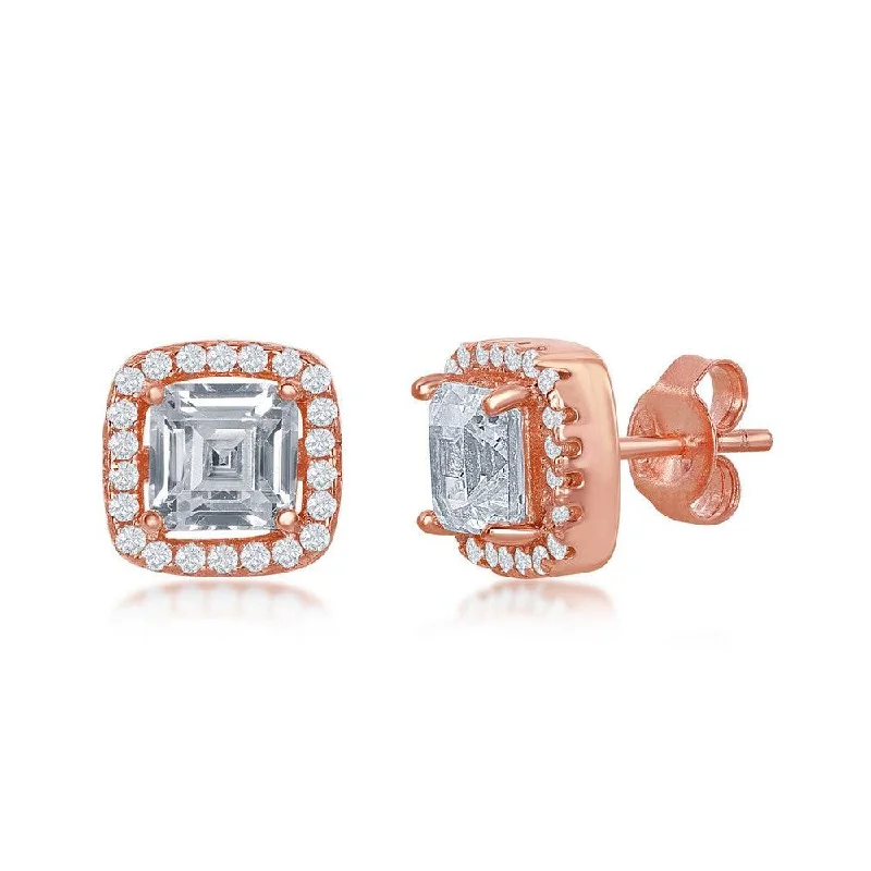 Earrings with Natural Stones-Sterling Silver Rose Gold Plated Double Square Stud Earrings