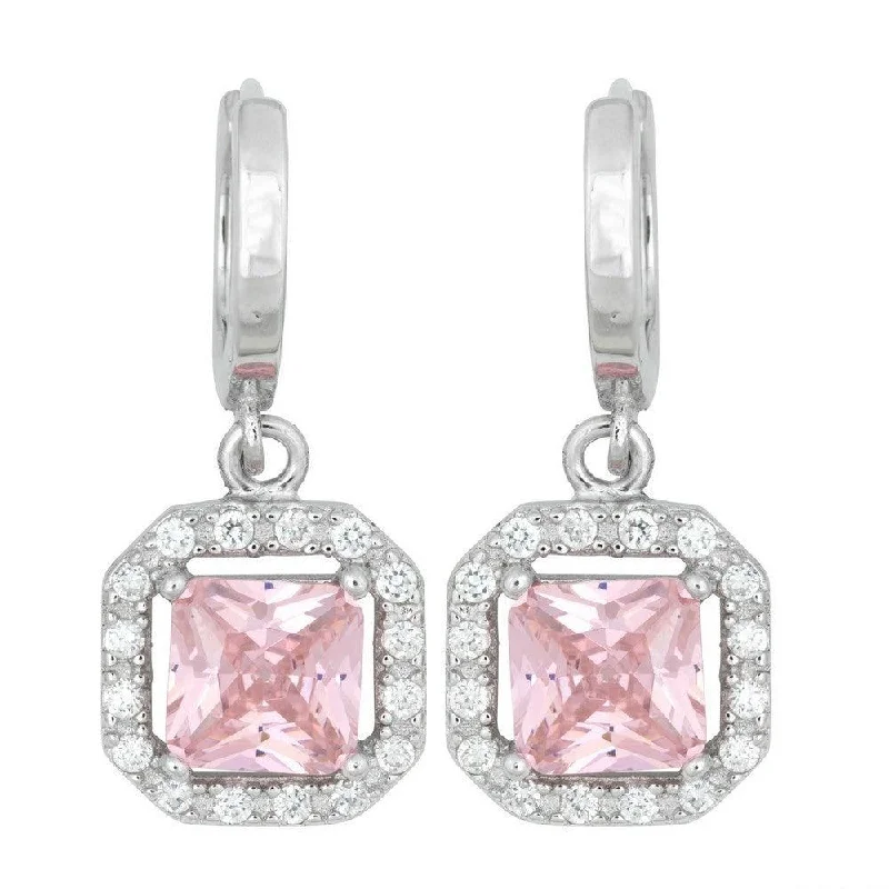 Double Hoop Earrings-Sterling Silver Pink CZ Micro Pave Square Earrings