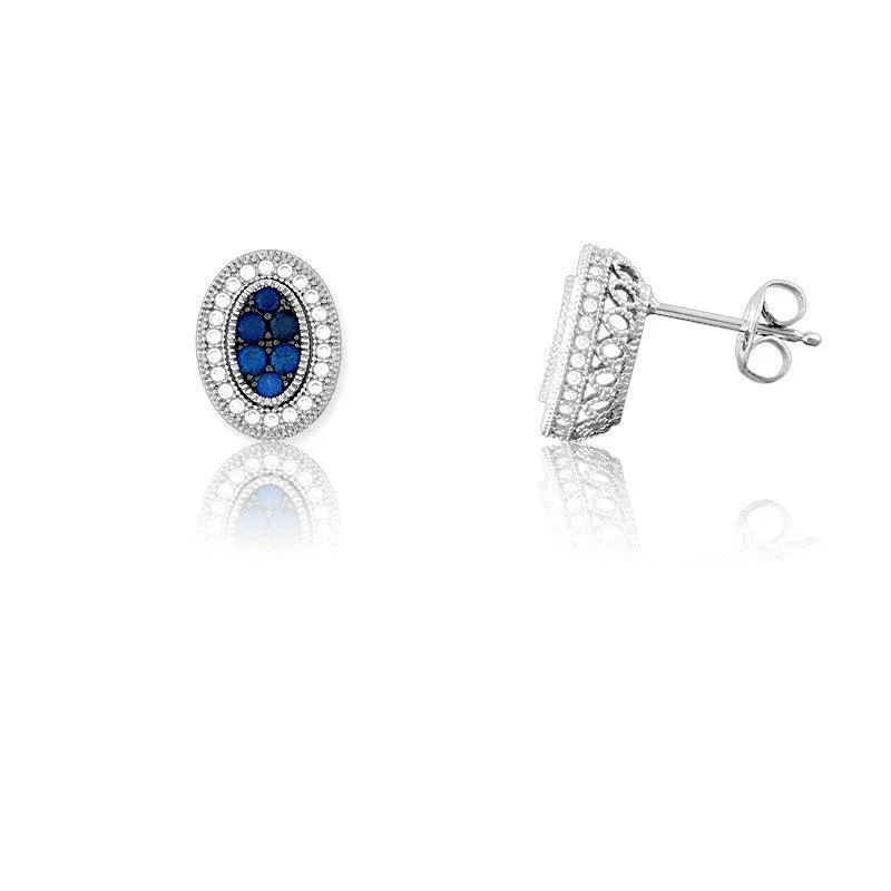 Handcrafted Sterling Earrings-Sterling Silver Oval Sapphire Micro Pave Earrings