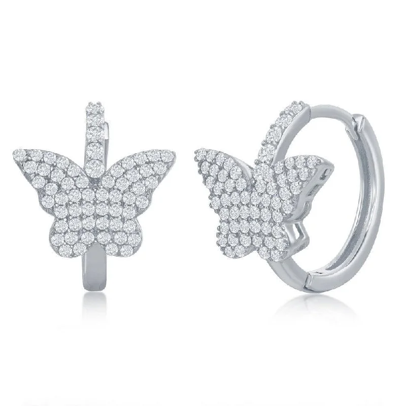 Custom Design Earrings-Sterling Silver Micro Pave CZ Butterfly Huggie Hoop Earrings