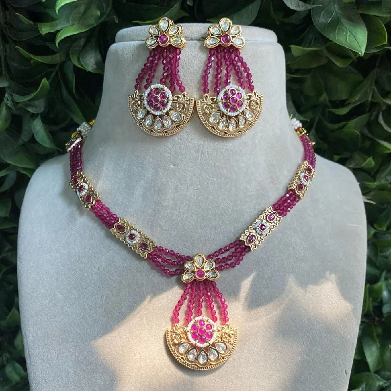 Fashionable Choker Necklace-Royal Kundan Jewellery Gold Plated Polki Kundan And Beads Necklace Set