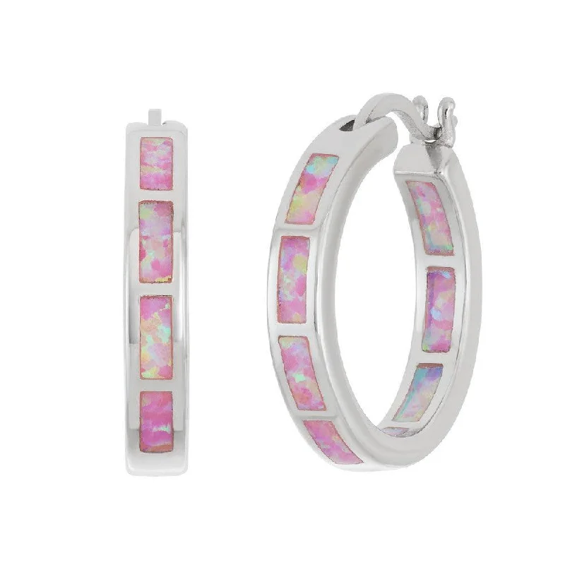 Custom Name Earrings-Sterling Silver Pink Inlay Opal Hoop Earrings