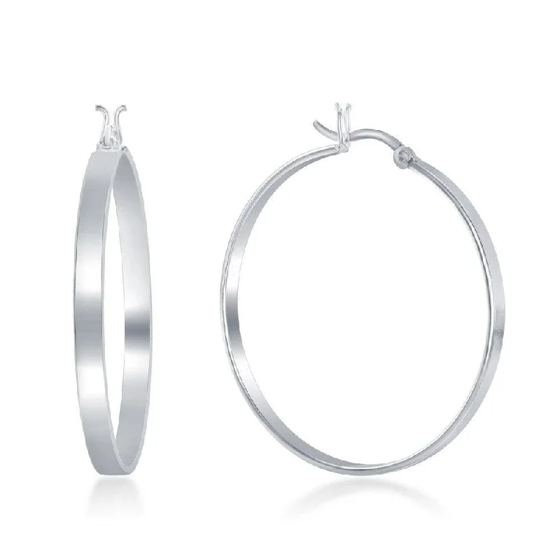 Simple Gold Hoop Earrings-Sterling Silver Rhodium Plated Flat Hoop Earrings, 4 x 40 mm