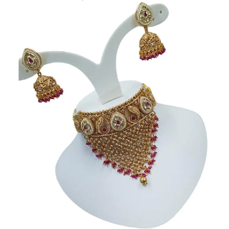 Pearl and Diamond Necklace-Akruti Collection Gold Plated Pota Stone And Pearls Choker Necklace Set