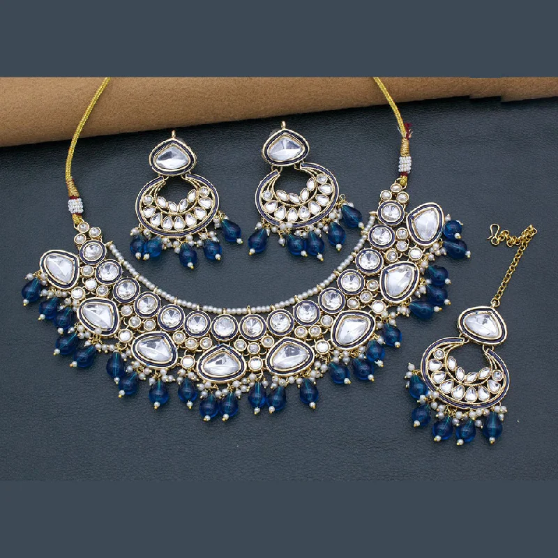 Sterling Silver Necklace-FS Collection Gold Plated Kundan Stone And Pearl Necklace Set