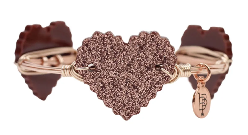 Round Silver Bangles-Rose Gold Glitter Heart Bangle Bracelet