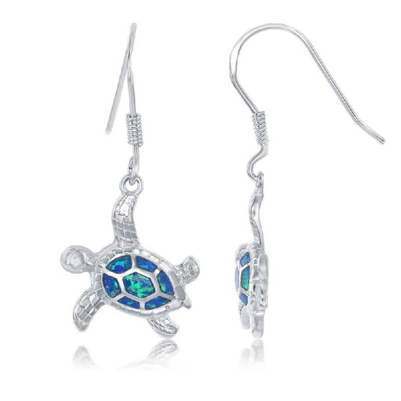 Handmade Earrings-Sterling Silver Blue Opal Inlay Turtle Earrings