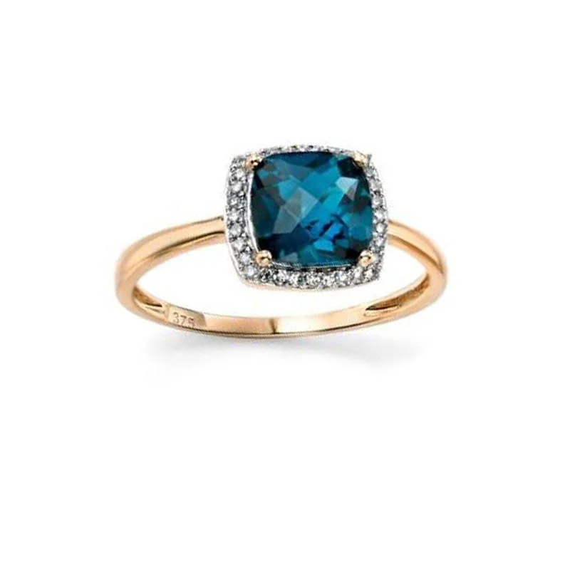 Handmade Promise Ring-Diamond & London Blue Topaz Engagement Ring in Yellow Gold