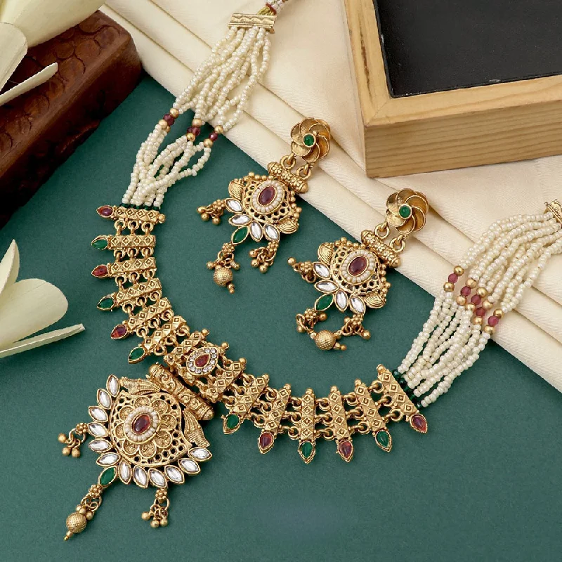 Layered Gemstone Necklace-FS Collection Gold Plated Kundan Stone And Pearl Necklace Set