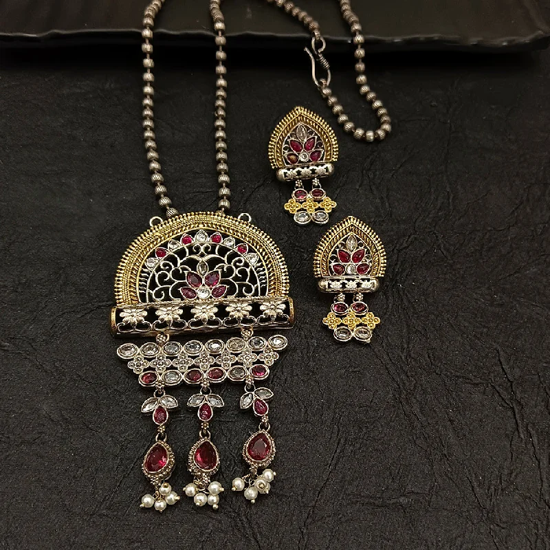 Layered Silver Necklace-Deep Jewell 2 Tone Plated Kundan And Pearl Long Necklace Set