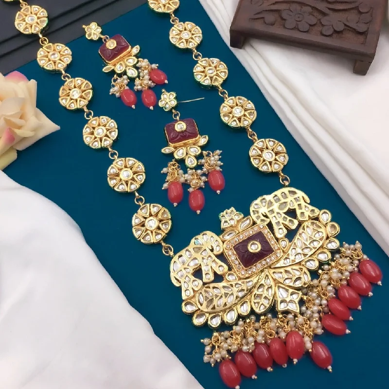 Gold Choker Necklace-Shree Jai Sai Art Gold Plated Kundan Long Necklace Set