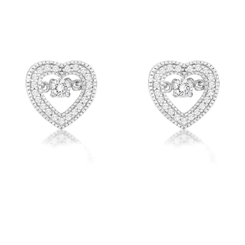 Luxury Diamond Earrings-Sterling Silver Micro Pave with Center Dancing-Shimmering CZ Heart Earrings