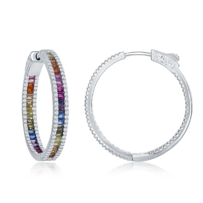 Custom Name Earrings-Sterling Silver Rainbow and White CZ Hoop Earrings