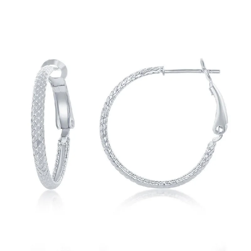 Edgy Silver Earrings-Sterling Silver Rounded Checkered Hoop Earrings, 25 mm