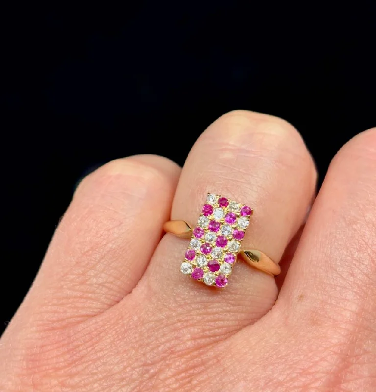 Elegant Diamond Wedding Ring-Antique 1920s Ruby and Diamond Chequerboard Cluster Ring