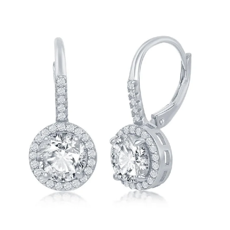 Elegant Leaf Earrings-Sterling Silver Round CZ Halo Earrings