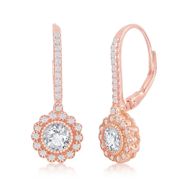 Designer Silver Earrings-Sterling Silver CZ Flower Design Dangling Earrings - Rose Gold Plated