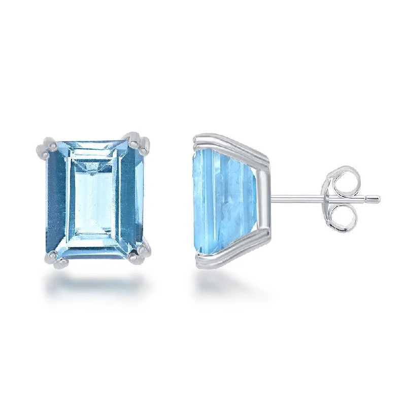 Luxury Gemstone Earrings-Sterling Silver Rectangle Blue Topaz Stud Earrings