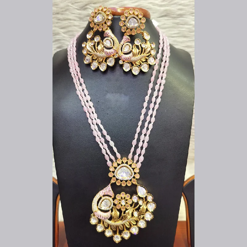 Gold Pendant Necklace-Jain Jewellers Gold Plated  Kundan And Pearl Long Necklace Set