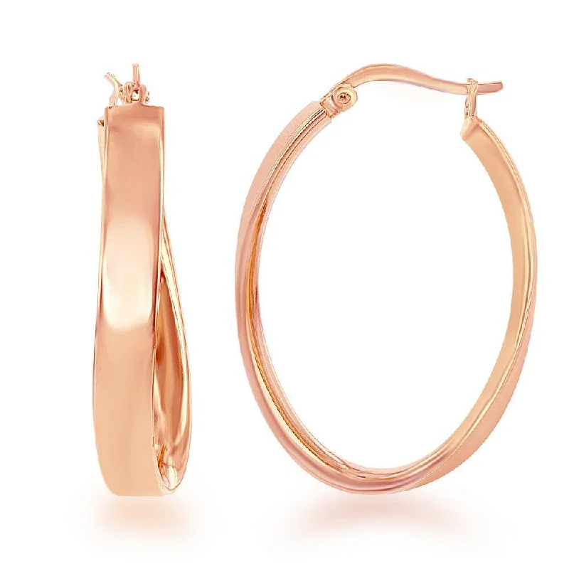 Pink Gemstone Earrings-Sterling Silver Rose Gold Plated Curved Oval Hoop Earrings