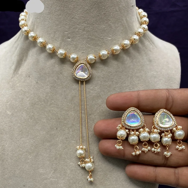 Lightweight Gold Necklace-Amoliya Jewels Gold Plated Polki Kundan Pearl Necklace Set