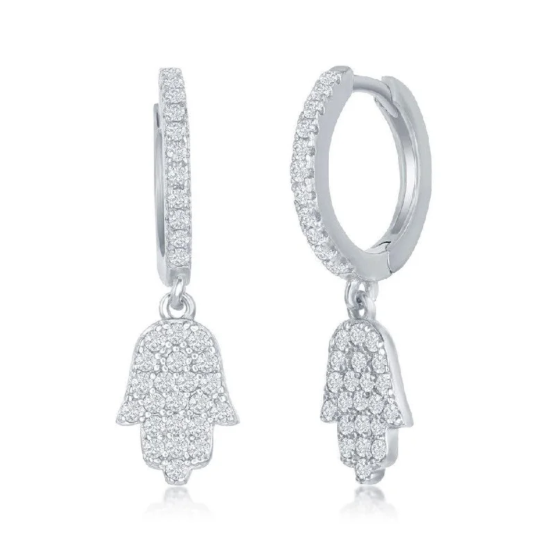 Classic Silver Hoop Earrings-Sterling Silver Small Huggie Hoop Hamsa CZ Earrings