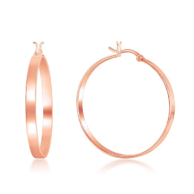 Stylish Silver Earrings-Sterling Silver Rose Gold Plated Flat Hoop Earrings, 4 x 35 mm