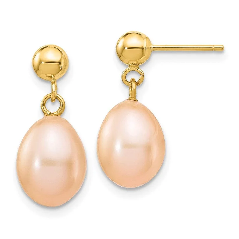 Petite Gold Earrings-14k 7-8mm Pink Rice Freshwater Cultured Pearl Dangle Post Earrings