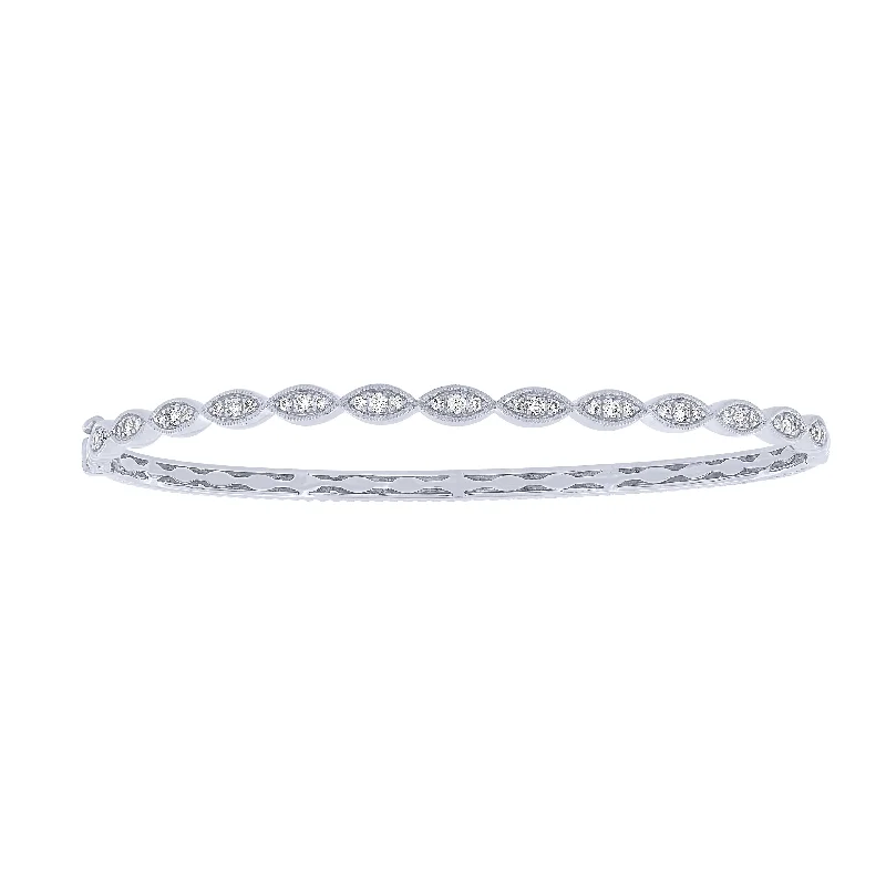 Men's Stainless Steel Bracelets-14K White Gold 1/3Ct Marquise Patterened Bangle