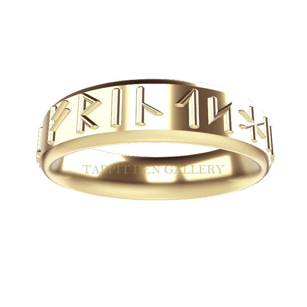 Diamond Solitaire Ring-LOVE LOYALTY AND FRIENDSHIP RAISED RUNIC RING IN 9CT YELLOW GOLD