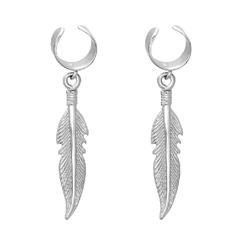 Artistic Wire Earrings-Sterling Silver Feather Ear Cuff Earrings