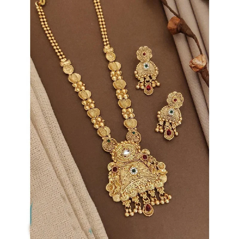 Bohemian Layered Necklace-Akruti Collection Gold Plated Kundan Long Necklace Set