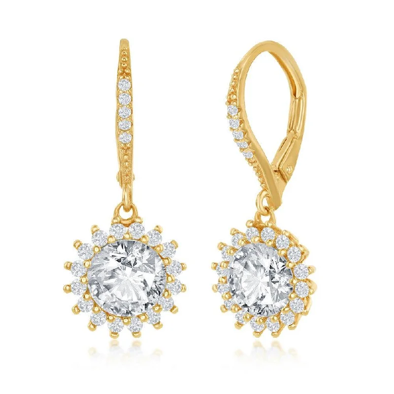 Unique Designer Earrings-Sterling Silver GP Round Halo Flower CZ Dangling Earrings