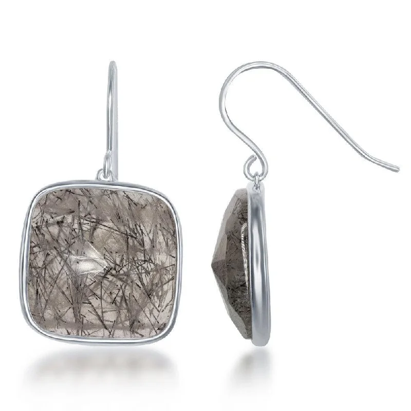 Gold Hoop Earrings-Sterling Silver Square Black Rutilated Quartz Earrings