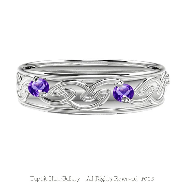 Unique Vintage Wedding Ring-CELTIC FLOW EDINBURGH AMETHYST WEDDING RING IN WHITE GOLD