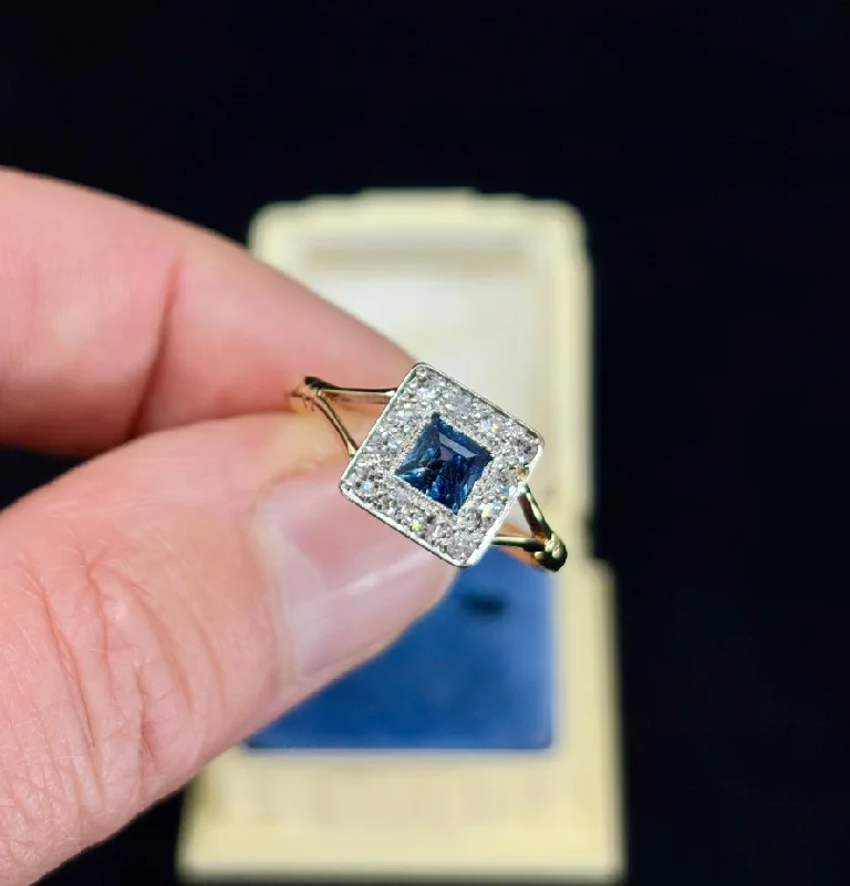 Women's Sapphire Ring-Antique 1920s Sapphire and Diamond Square Cluster Ring