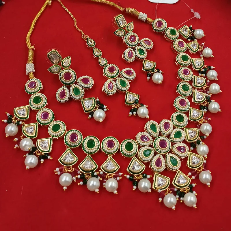 Layered Gold Necklace-Padmawati Bangles Gold Plated Polki Kundan Stone And Pearls Necklace Set