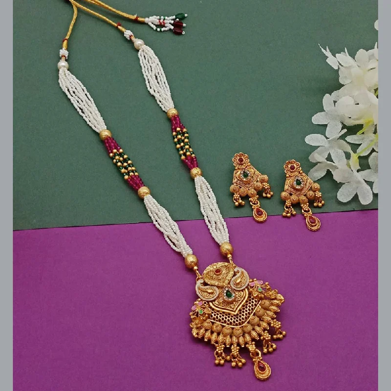 Fancy Choker Necklace-India Art Gold Plated Pota Stone And Pearl Long Necklace Set