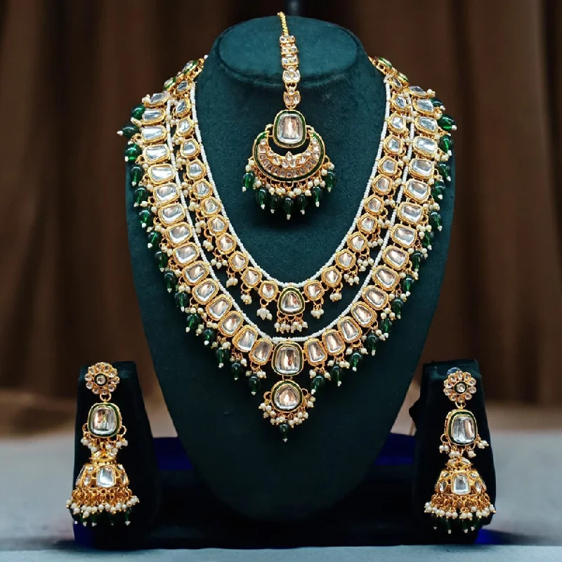 Heart Shaped Gold Necklace-Gehana Mahal Gold Plated Kundan Stone Long Necklace Set