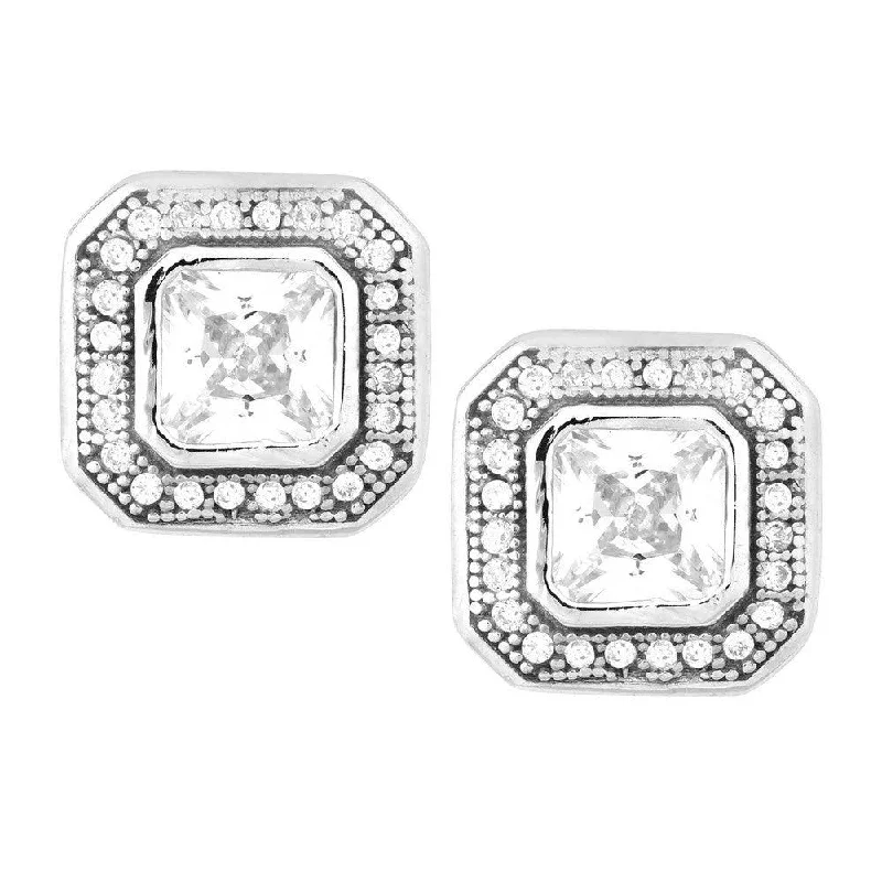 Party Statement Earrings-Sterling Silver Micro Pave Border Square Earrings