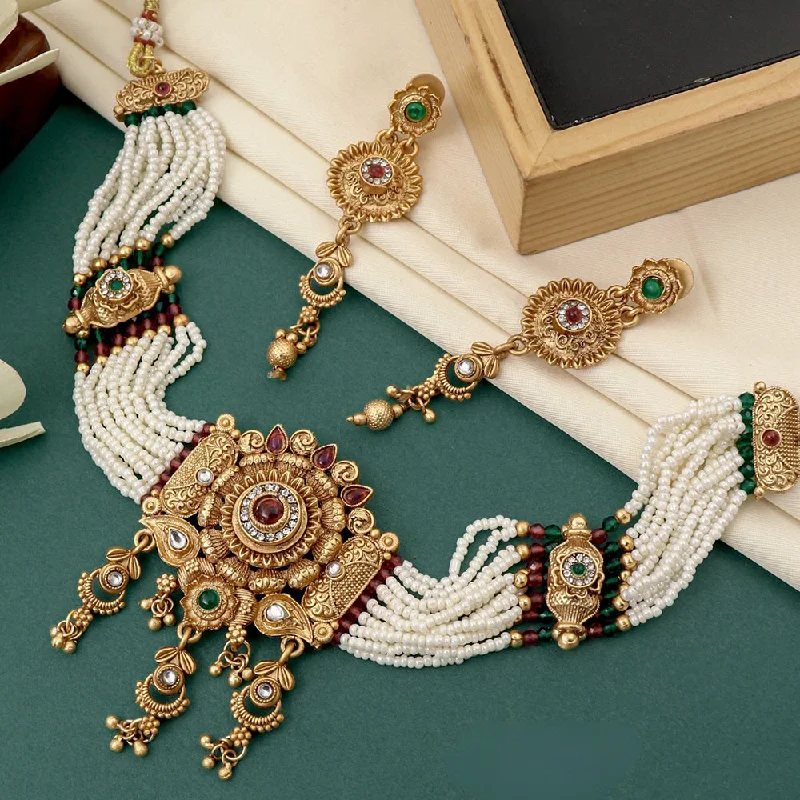 Turquoise Bead Necklace-FS Collection Gold Plated Kundan Stone And Pearl Necklace Set