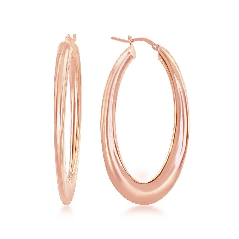 Trendy Tassel Earrings-Sterling Silver Rose Gold Plated Bottom Flat Oval Hoop Earrings