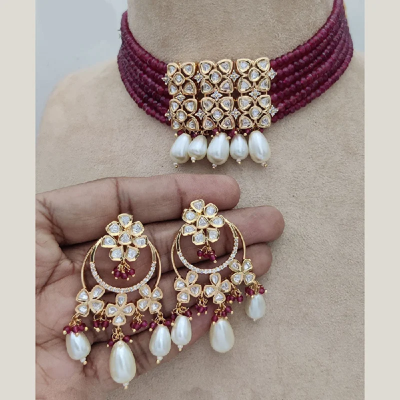 Classic Gold Pendant Necklace-Jewel Addiction Gold Plated Pearl And Polki Kundan Choker Necklace Set