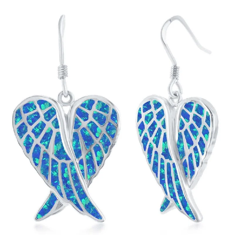 Minimalist Drop Earrings-Sterling Silver Blue Inlay Angel Wings Earrings