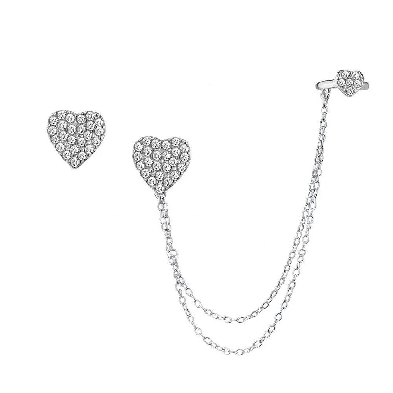 Long Statement Earrings-Sterling Silver Micro Pave Cuff Heart Stud Earrings